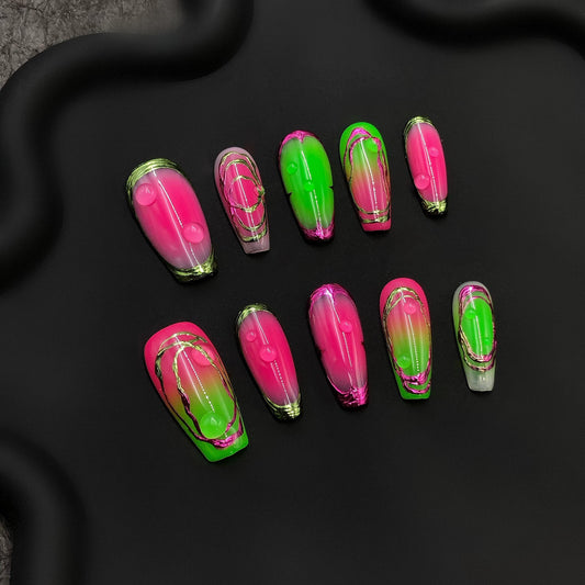 Neon Green & Pink Aura Nails with Chrome Outline and 3D Accents press on glue on artificial nails manicure medium almond 3d futuristic art