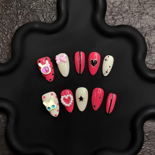 Kawaii Gothic Heart Press-On Nails Red & Cream Mix with 3D Charms glue on artificial faux nails heart bows cats pearls stars y2k lolita art