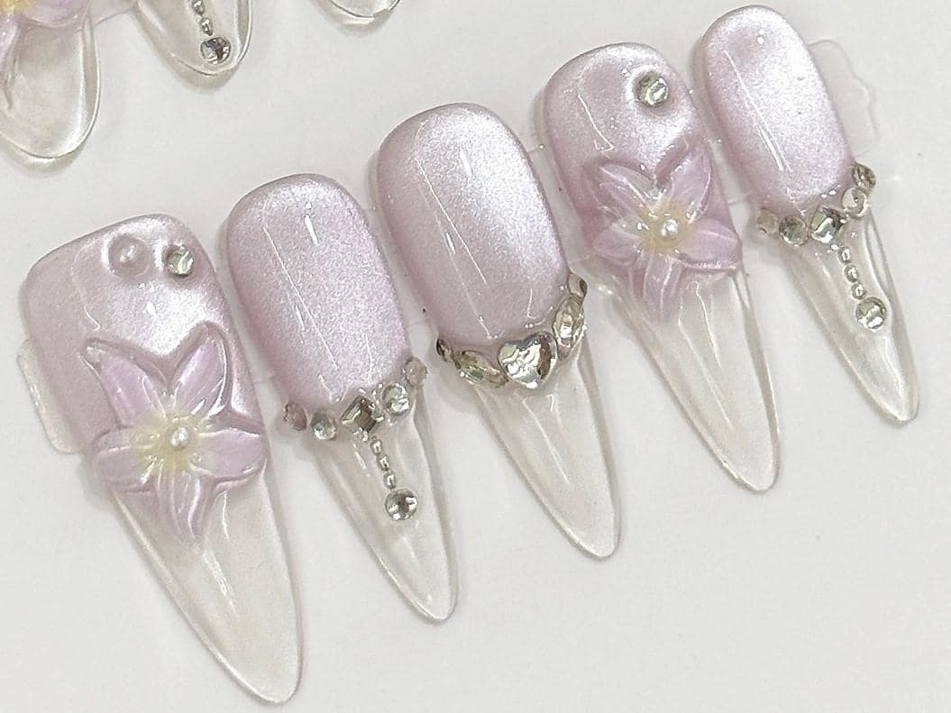 Icy Crystal Butterfly Press-On Nails Long Clear & White Glam Set soft 3d butterflies flowers silver crystal charms bridal elegance fairycore