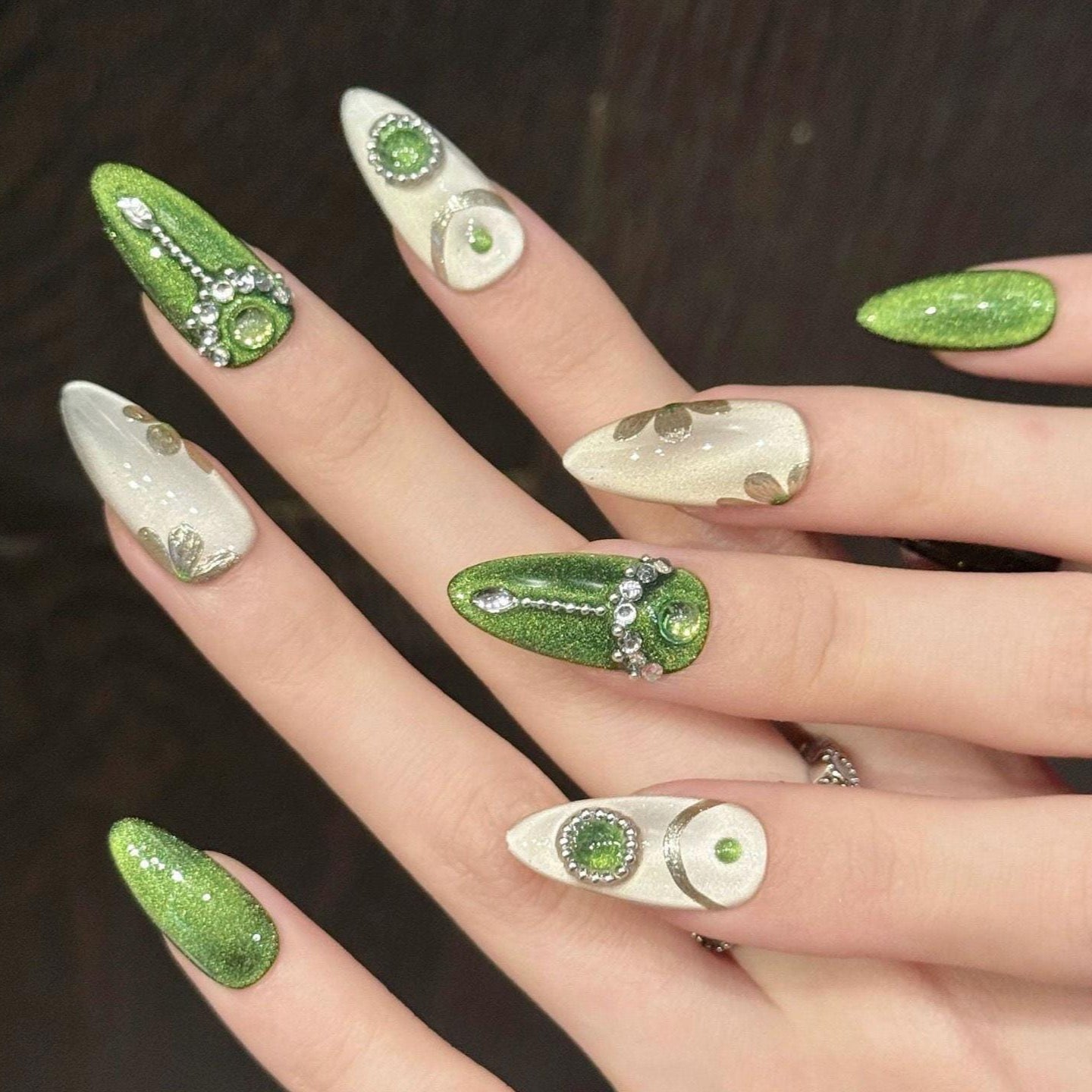 Emerald Envy Press-On Nails – Green & Gold Gemstone Glam Set glue on luxe medium almond emerald green champagne shimmer ornate rhinestones