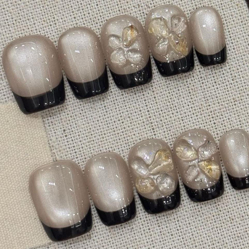 Champagne & Black French Tip Toe Nails – 3D Floral Luxe Set glue on glossy stunning ideal for weddings parties or everyday