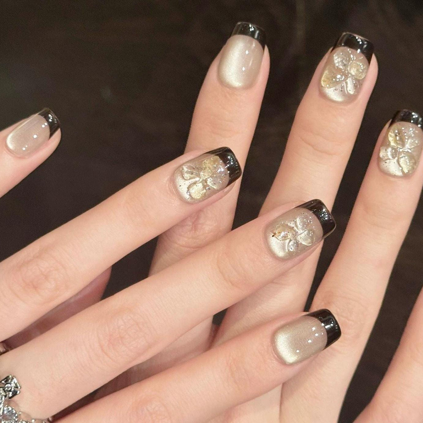 Champagne & Black French Tip Toe Nails – 3D Floral Luxe Set glue on glossy stunning ideal for weddings parties or everyday