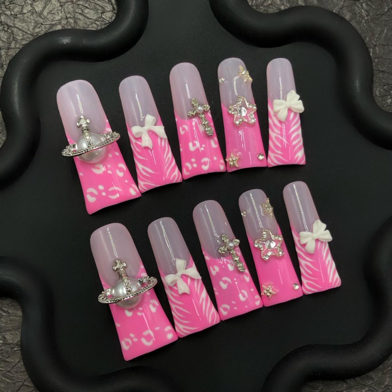 Pink Zebra Charm Nails – 3D Bows & Glitter Accents glue on artificial faux nails