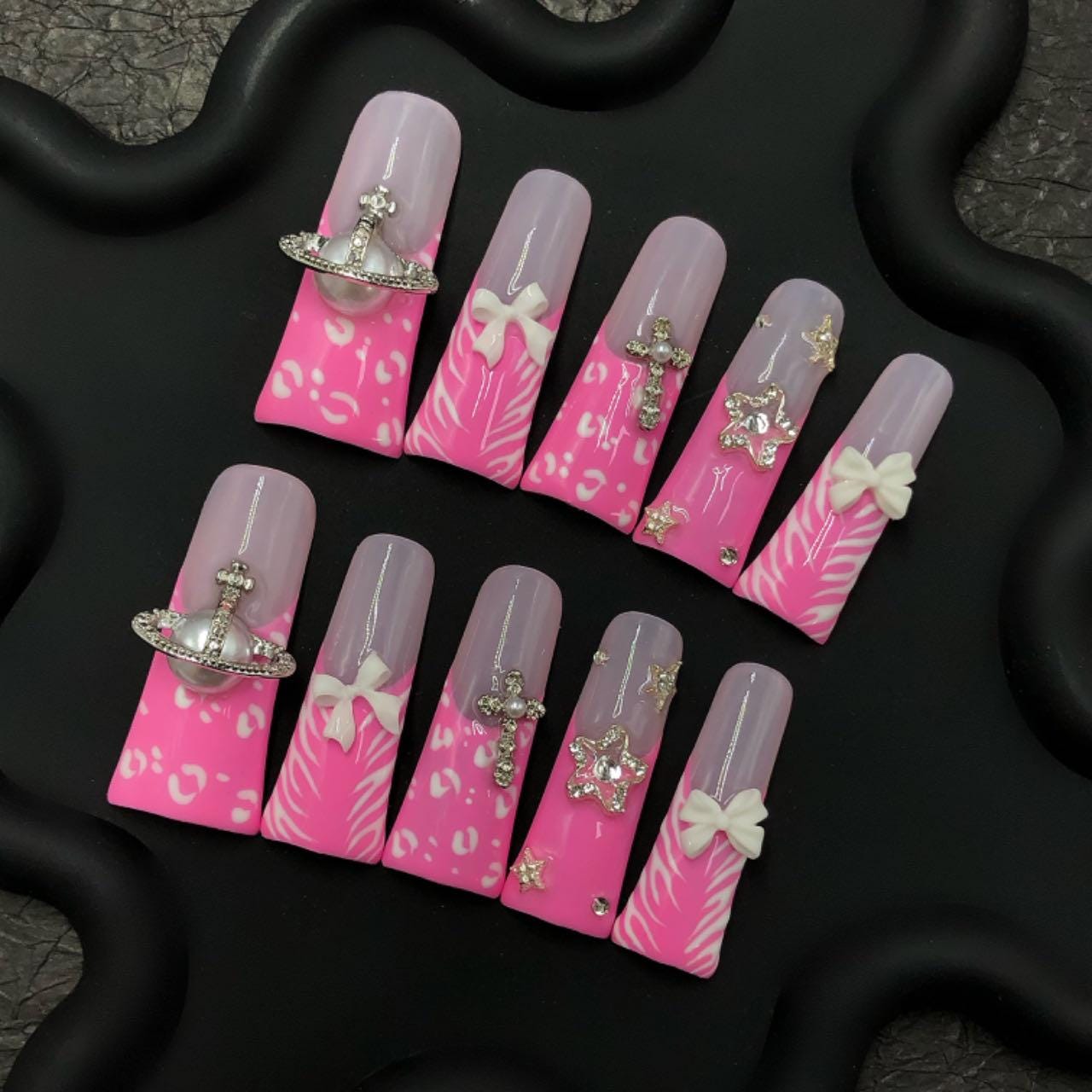 Pink Zebra Charm Nails – 3D Bows & Glitter Accents glue on artificial faux nails