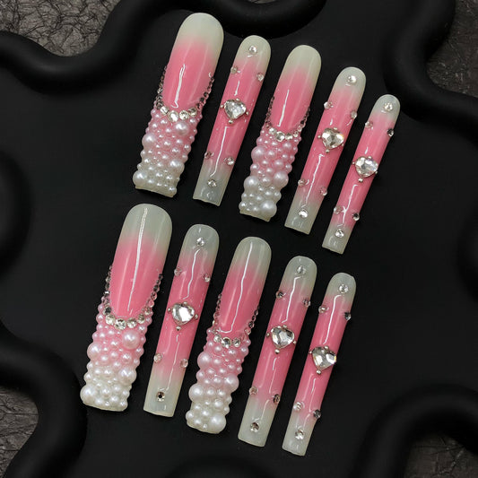 Pearl Princess Ombre Nails – Rhinestone & Bead Luxury Set glue on artificial faux nails