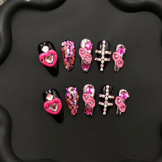 Hot Pink Punk Glam Nails – Heart Charms & Rhinestone Crosses glue on artificial faux nails