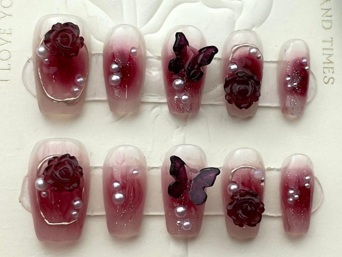 Gothic Romance Press-On Nails – Burgundy Rose & Butterfly Pearl Set glue on artificial faux dark glam romantic fall winter or night nail art