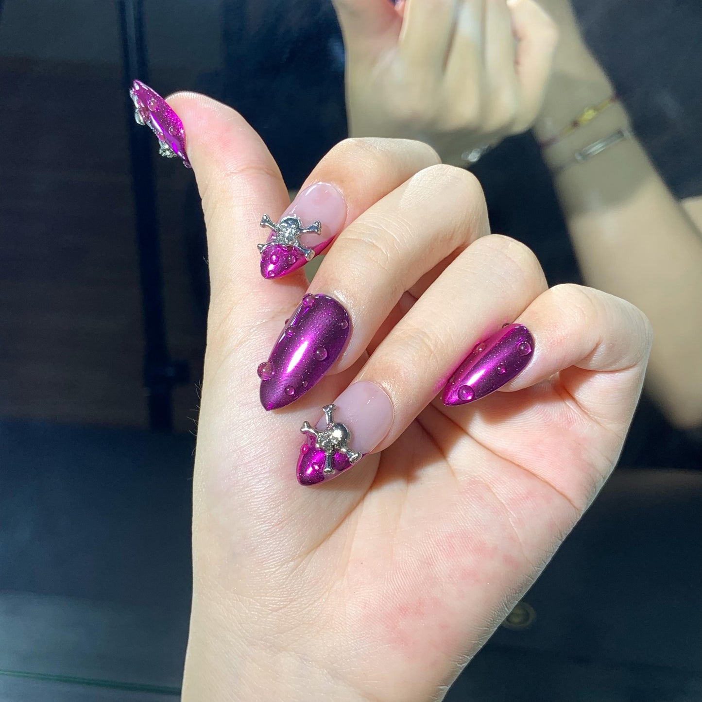 Press-on nail art metallic nails, purple nails, gothic nails, skull design, rose embellishment 3D hand painted acrylic edgy short almond