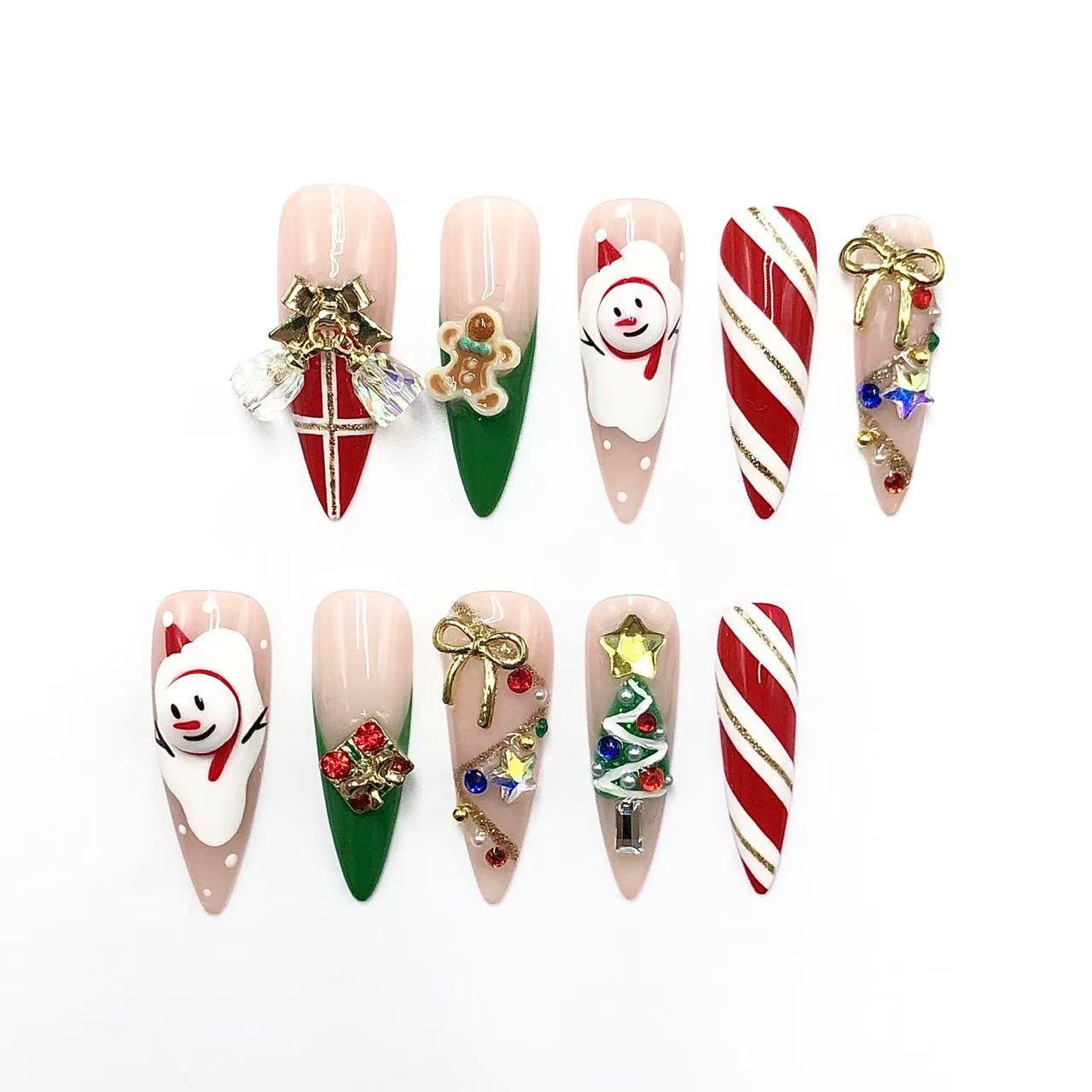 Press-on nails Christmas festive acrylic art 3D nail decorations candy cane snowman gingerbread rhinestone stiletto medium holiday manicure.