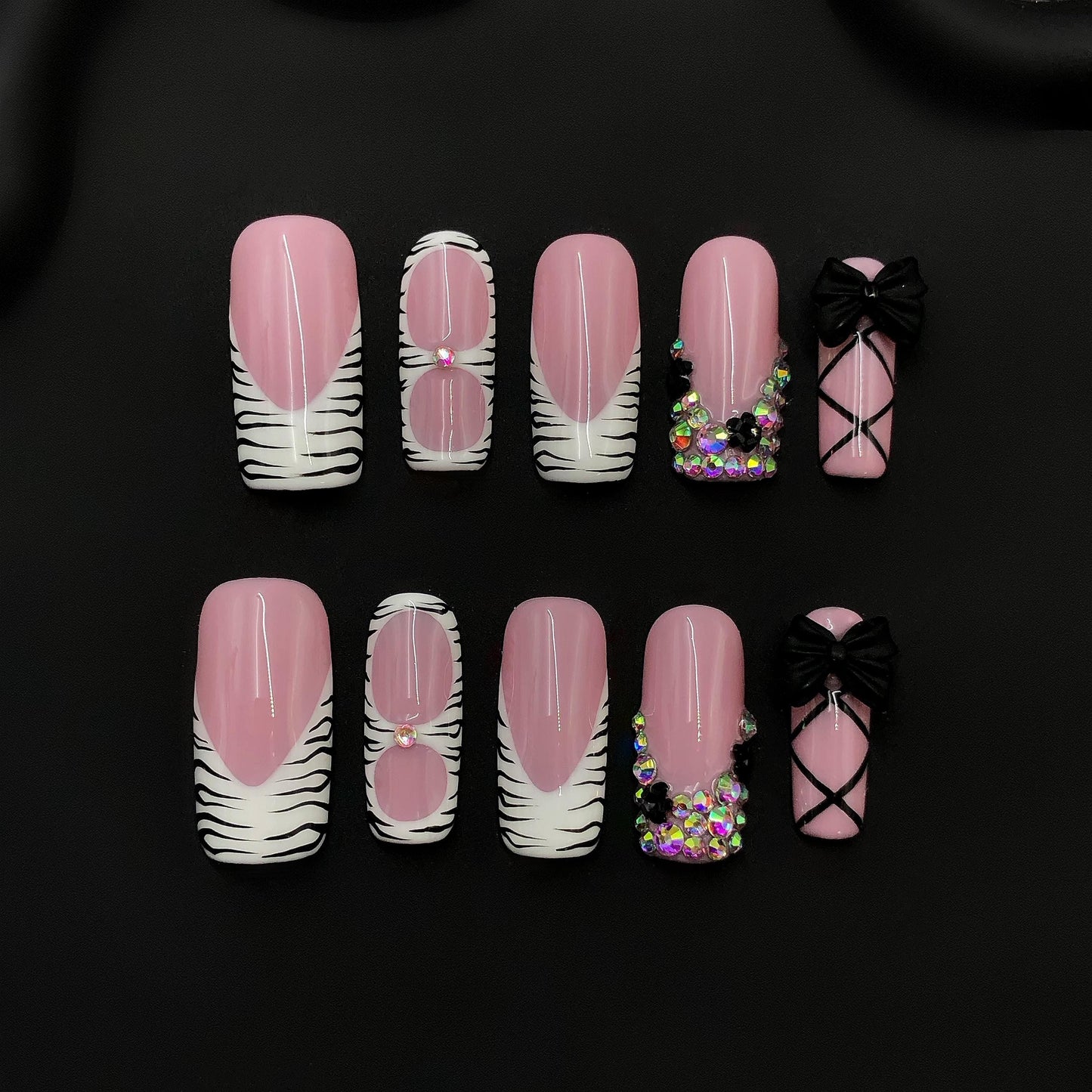 Pink Zebra Baddie Press On Nails – Bow, Rhinestone & Animal Print Set