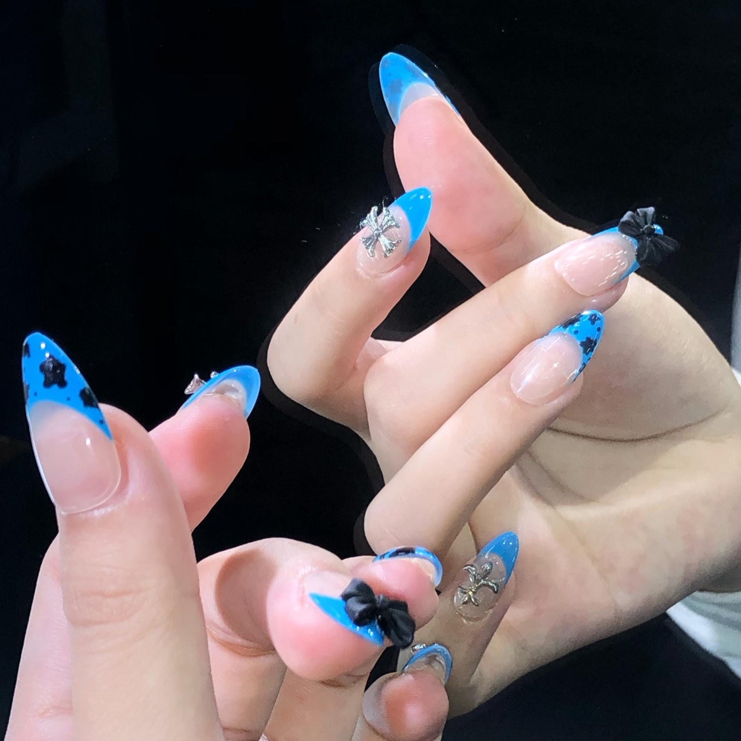 Blue Cow Print Gothic Press On Nails – Cross & Bow Accent Set
