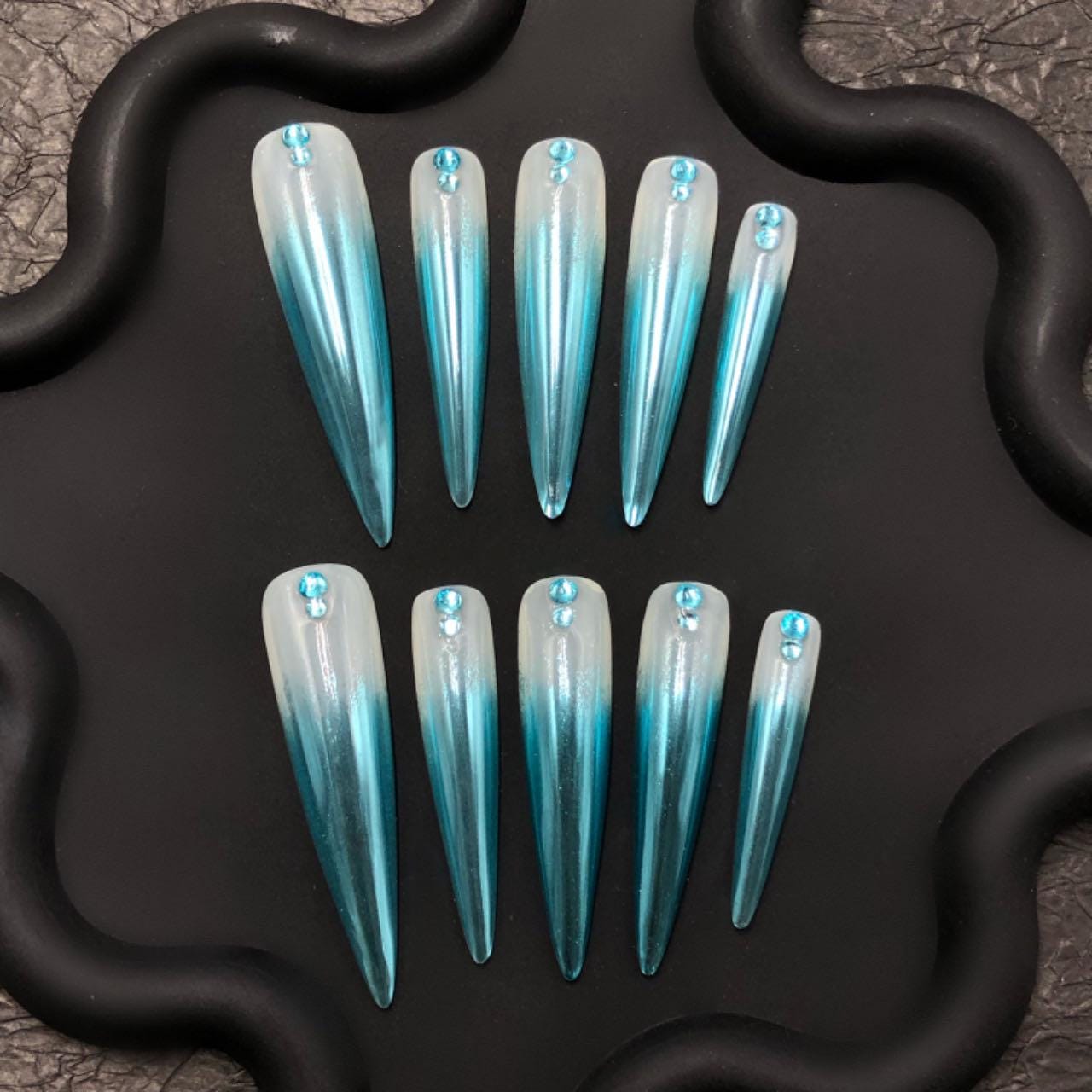 Icy Blue Chrome Stiletto Press On Nails – Rhinestone Frosted Gradient Set
