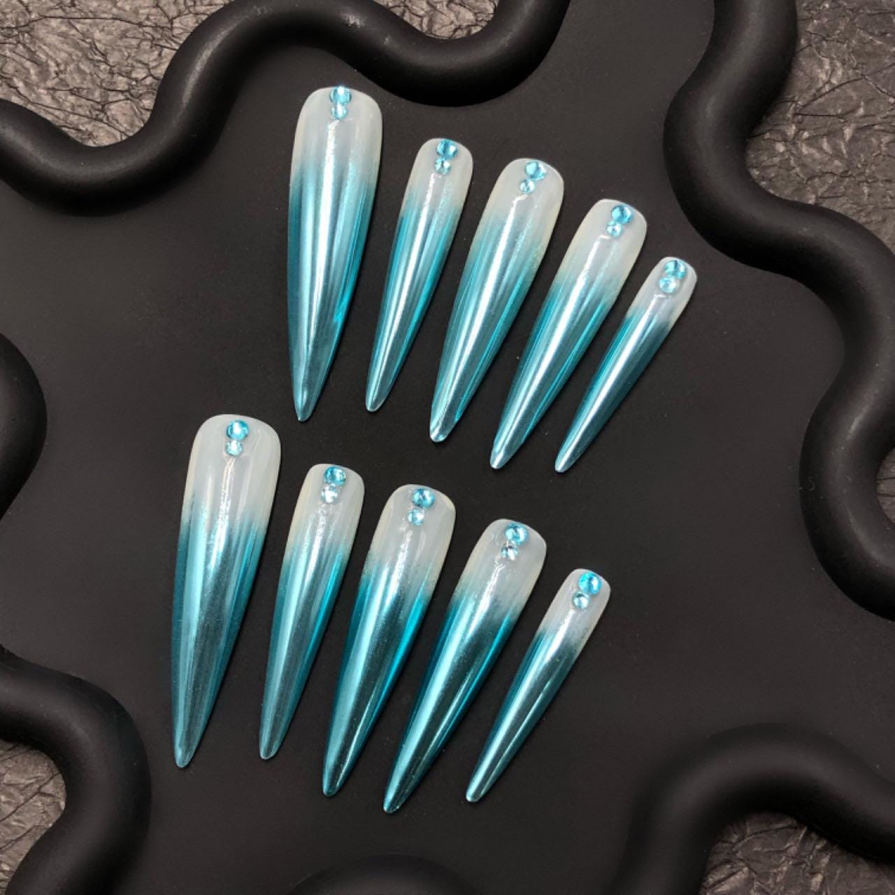 Icy Blue Chrome Stiletto Press On Nails – Rhinestone Frosted Gradient Set