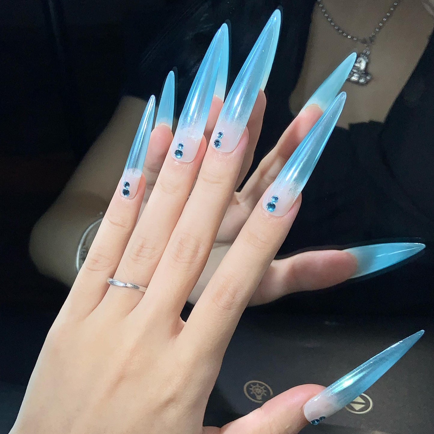 Icy Blue Chrome Stiletto Press On Nails – Rhinestone Frosted Gradient Set