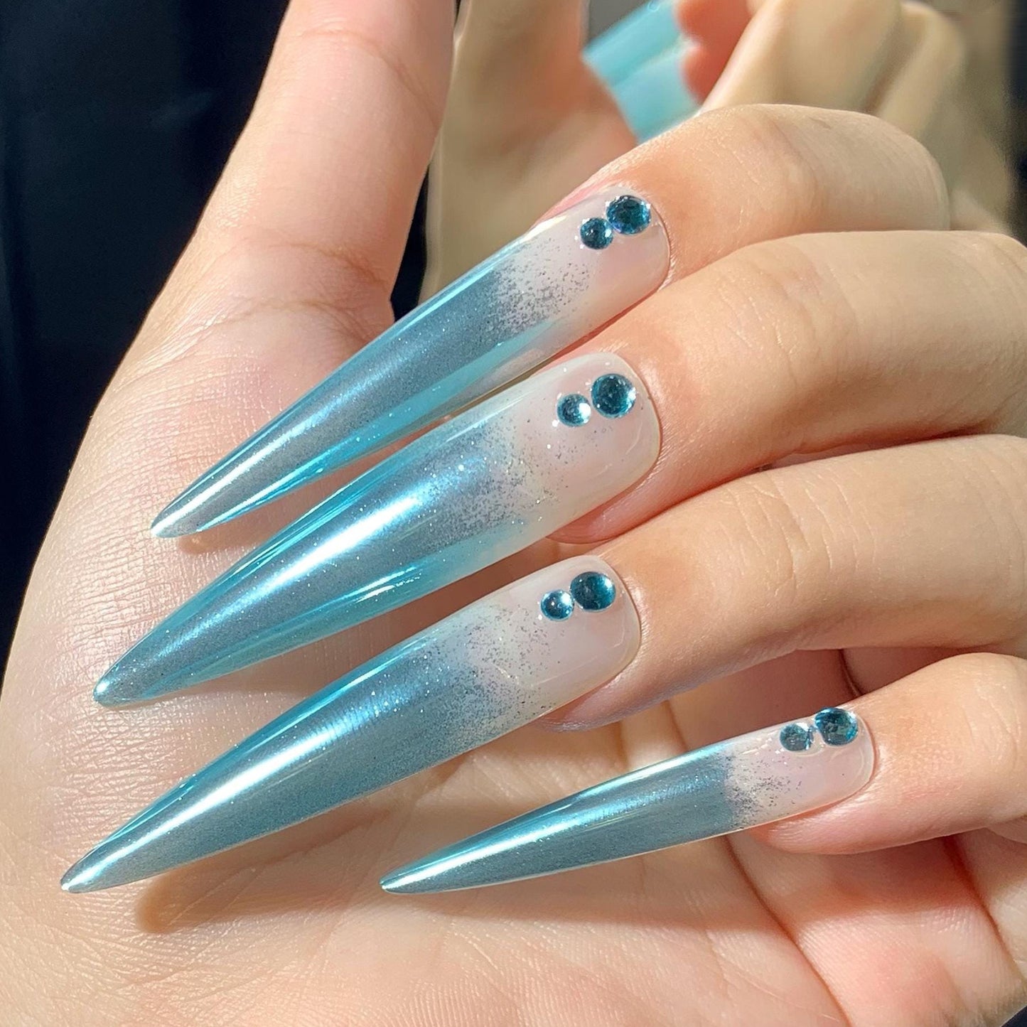 Icy Blue Chrome Stiletto Press On Nails – Rhinestone Frosted Gradient Set