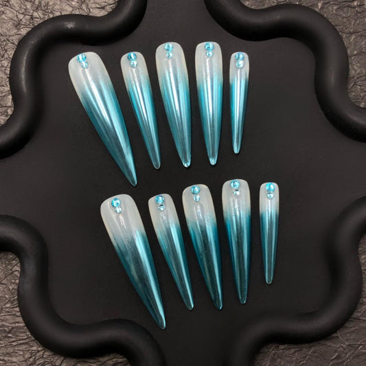 Icy Blue Chrome Stiletto Press On Nails – Rhinestone Frosted Gradient Set
