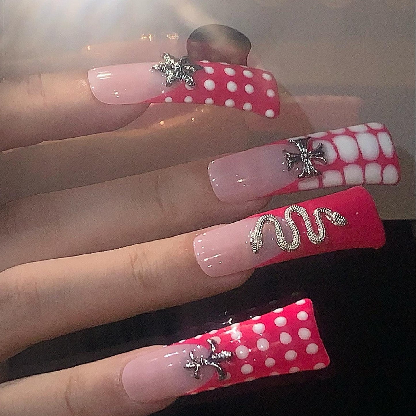 Hot Pink Punk Press On Nails – Skull, Snake & Polka Dot Design Set