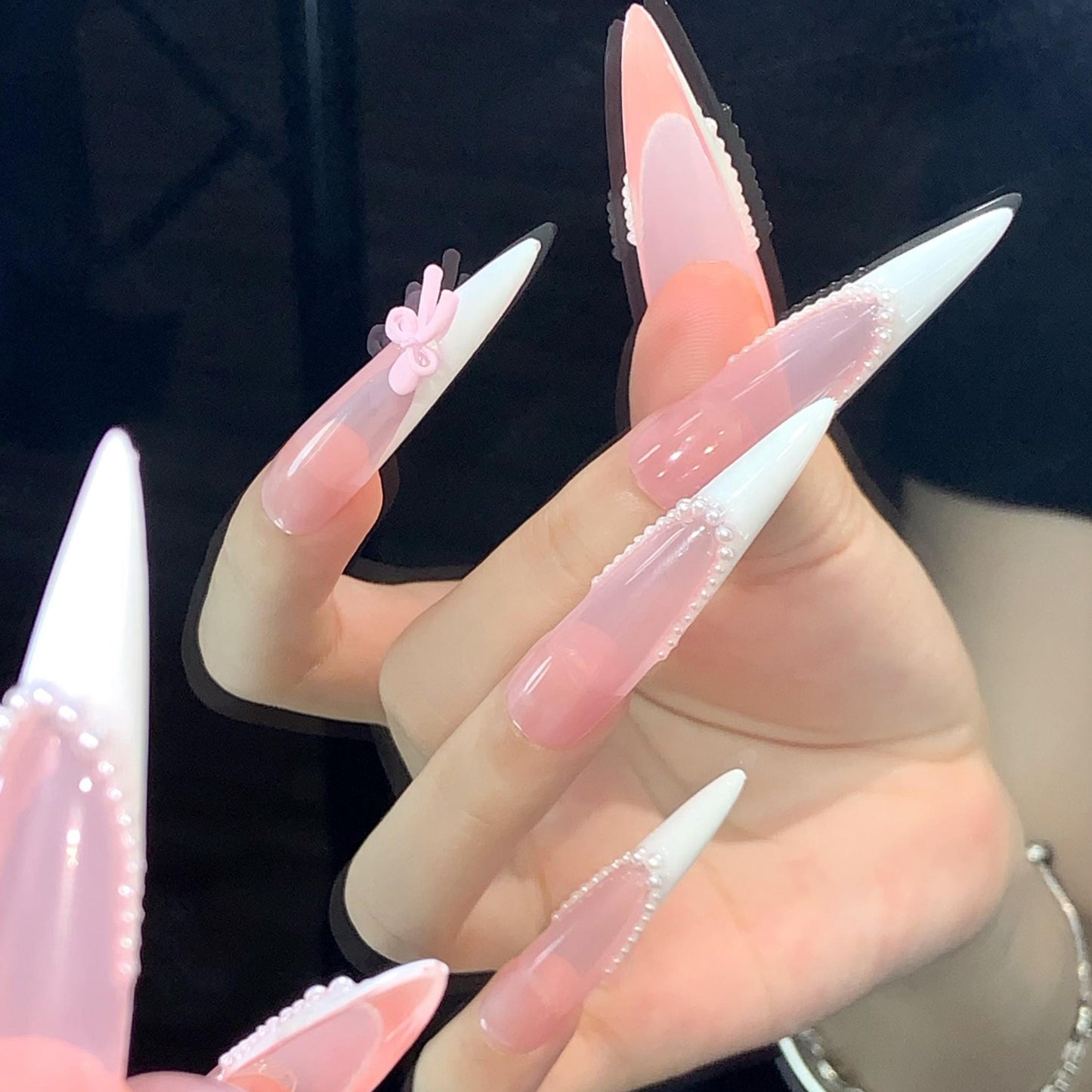 Pink Pearl Bow Nails – Long French Press On Nails with Pearls & 3D Bow Charms artificial glue on faux nails bridal wedding coquette vibe art