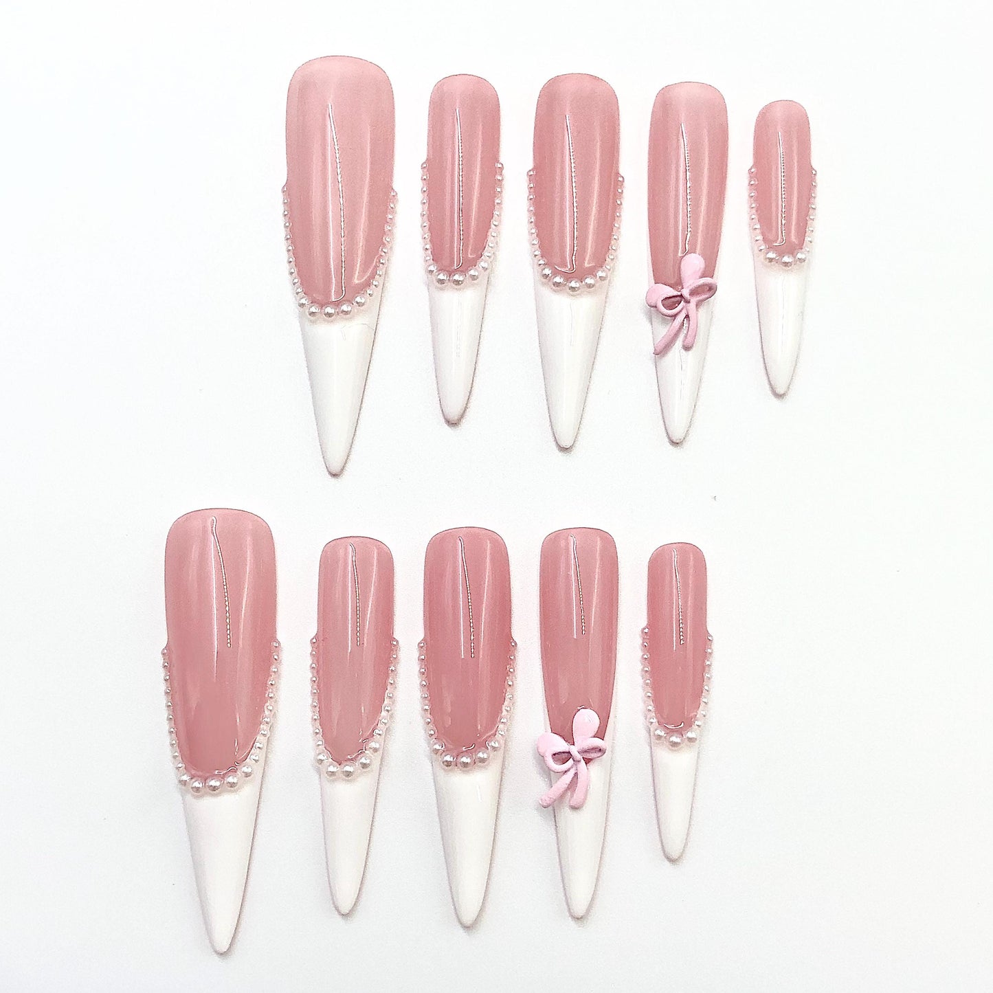 Pink Pearl Bow Nails – Long French Press On Nails with Pearls & 3D Bow Charms artificial glue on faux nails bridal wedding coquette vibe art