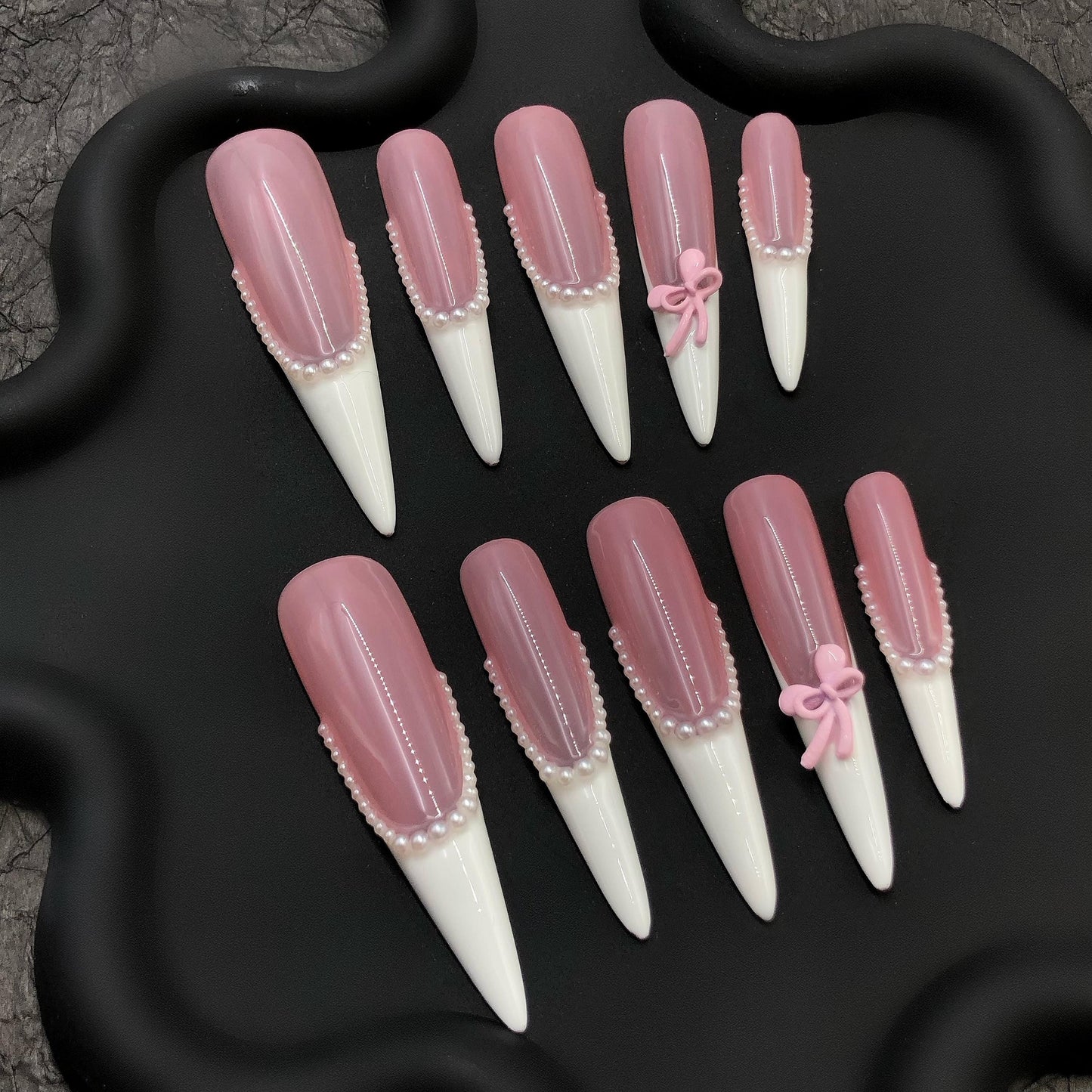 Pink Pearl Bow Nails – Long French Press On Nails with Pearls & 3D Bow Charms artificial glue on faux nails bridal wedding coquette vibe art
