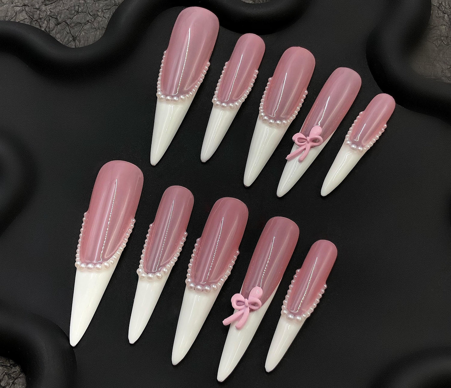 Pink Pearl Bow Nails – Long French Press On Nails with Pearls & 3D Bow Charms artificial glue on faux nails bridal wedding coquette vibe art