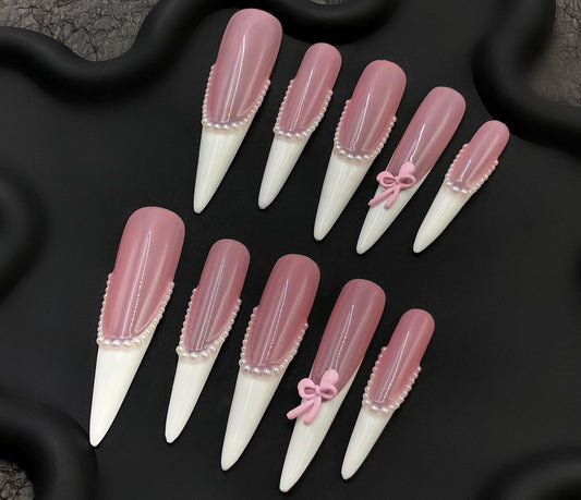 Pink Pearl Bow Nails – Long French Press On Nails with Pearls & 3D Bow Charms artificial glue on faux nails bridal wedding coquette vibe art