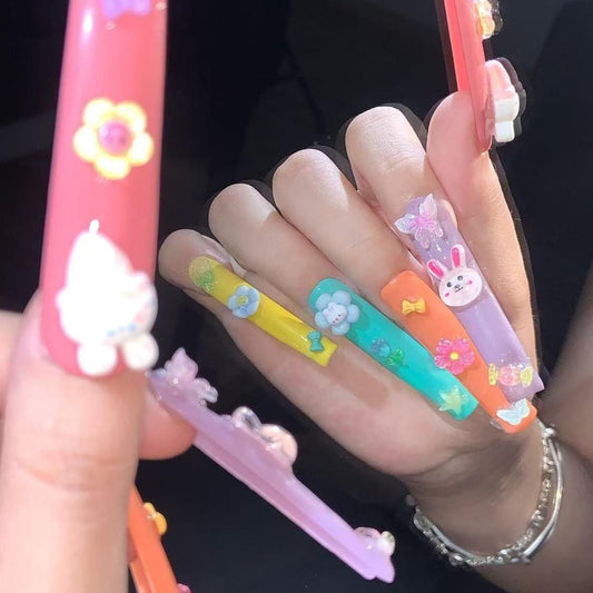 Kawaii Candyland Nails – Long 3D Press On Nails with Bunnies, Bows & Colorful Charms glue on artificial faux nails Harajuku cartoon vibe art