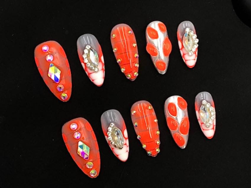Neon Coral Chrome & Rhinestone Glam Press-On Nails – Mixed Texture Stiletto Set glue on artificial faux nails