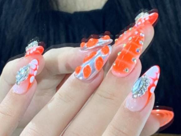 Neon Coral Chrome & Rhinestone Glam Press-On Nails – Mixed Texture Stiletto Set glue on artificial faux nails