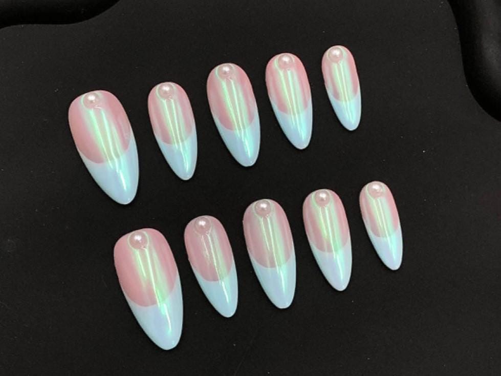 Iridescent Baby Pink & Blue Chrome Almond Nails – Pearl Accent Fairycore Set glue on artificial faux medium almond nails hand painted art