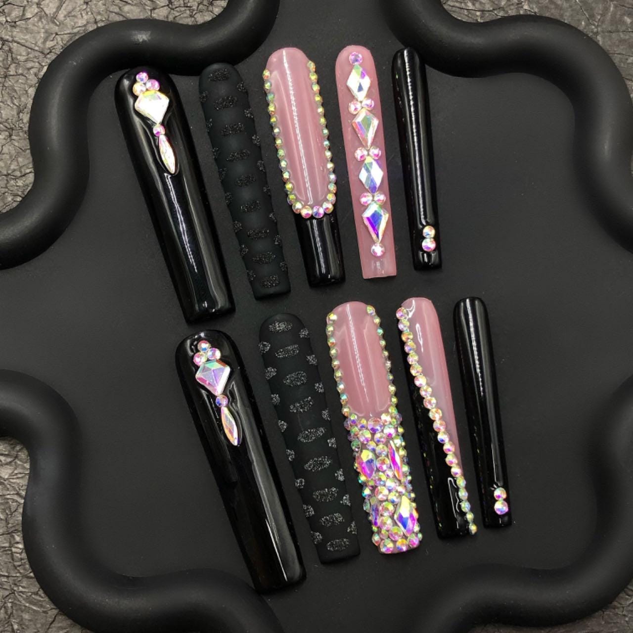 Edgy Extreme Long Square Black and Pink Punk Gothic 3D Hand Painted Nails. Artificial reusable fake glue on faux manicure nails trendy art.