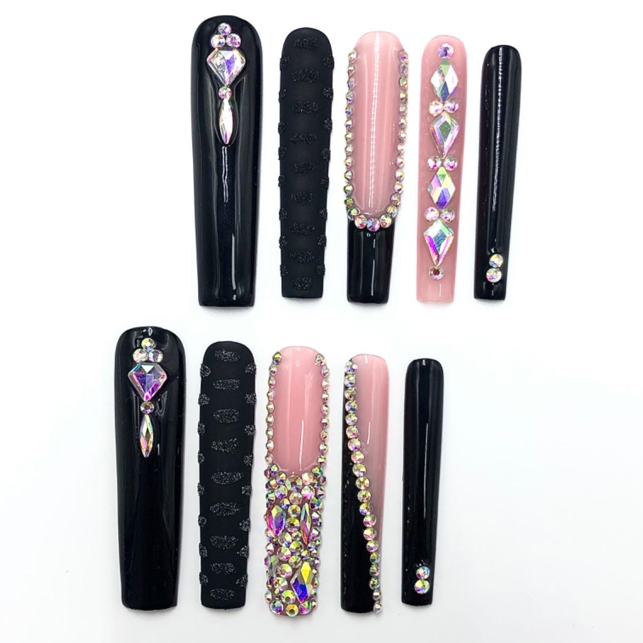 Edgy Extreme Long Square Black and Pink Punk Gothic 3D Hand Painted Nails. Artificial reusable fake glue on faux manicure nails trendy art.