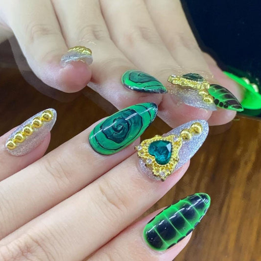 Funky Green Gold Snake Press On Hand Painted Nails Unique and Royal 3D Applique
