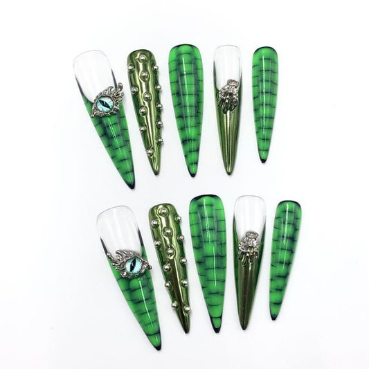Green reptile nails crocodile print 3D art long stiletto press-on nails, goth Halloween monster eye metallic spooky nails, claw fantasy art.
