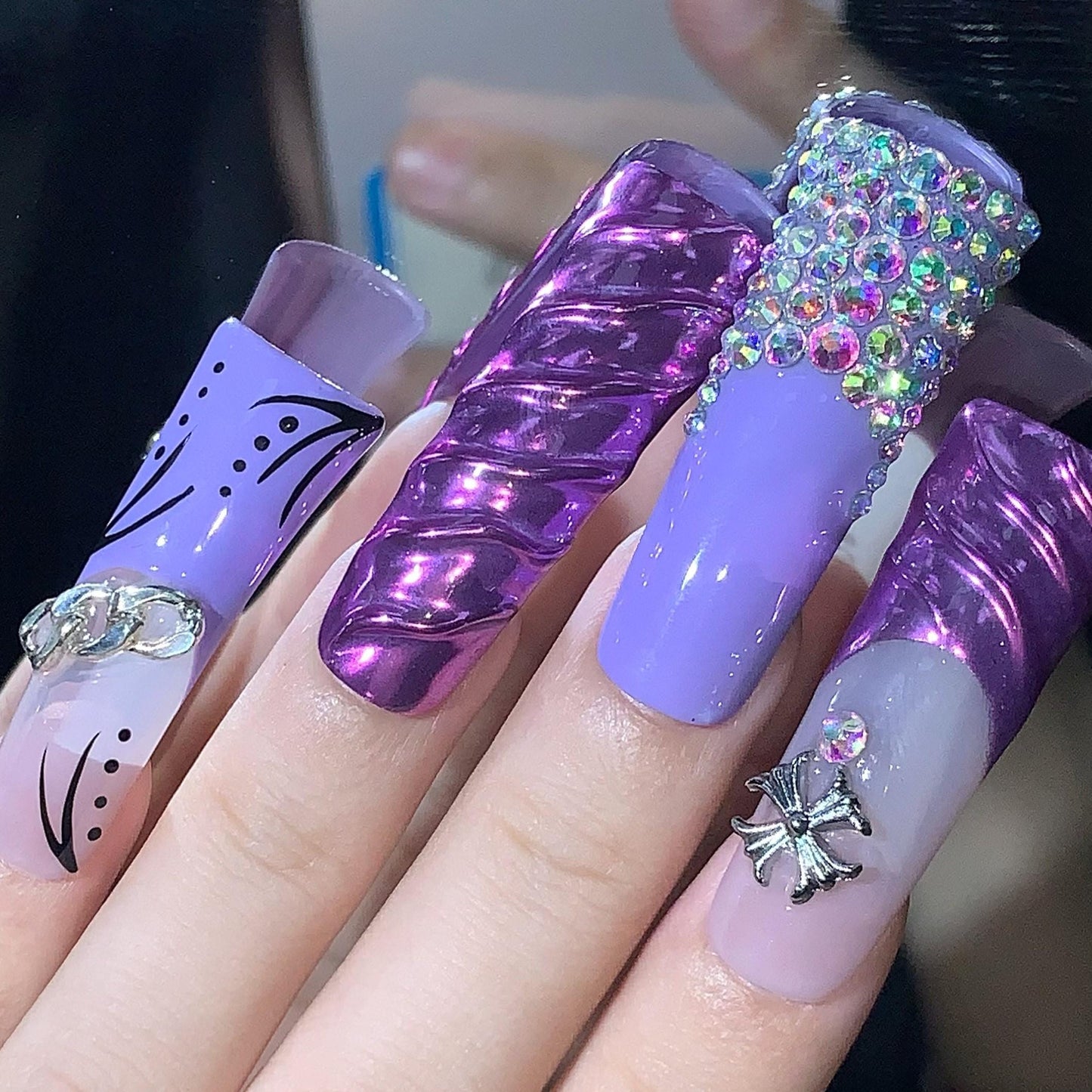 Glam Purple Chrome Press-On Nails with Rhinestones & Chain Accents – Extra Long Coffin Set long duck artificial glue on faux nail art