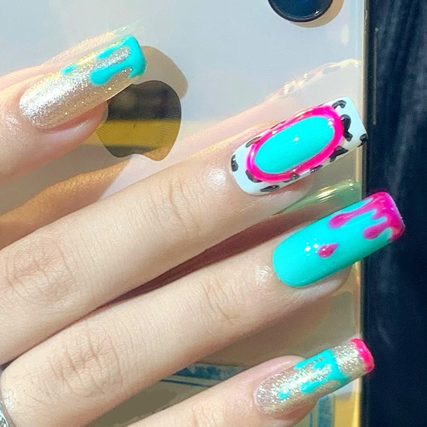 Neon Drip & Animal Print Press-On Nails Hot Pink, Aqua, and Gold Glitter Set Artificial fake glue on faux manicure nails trendy art