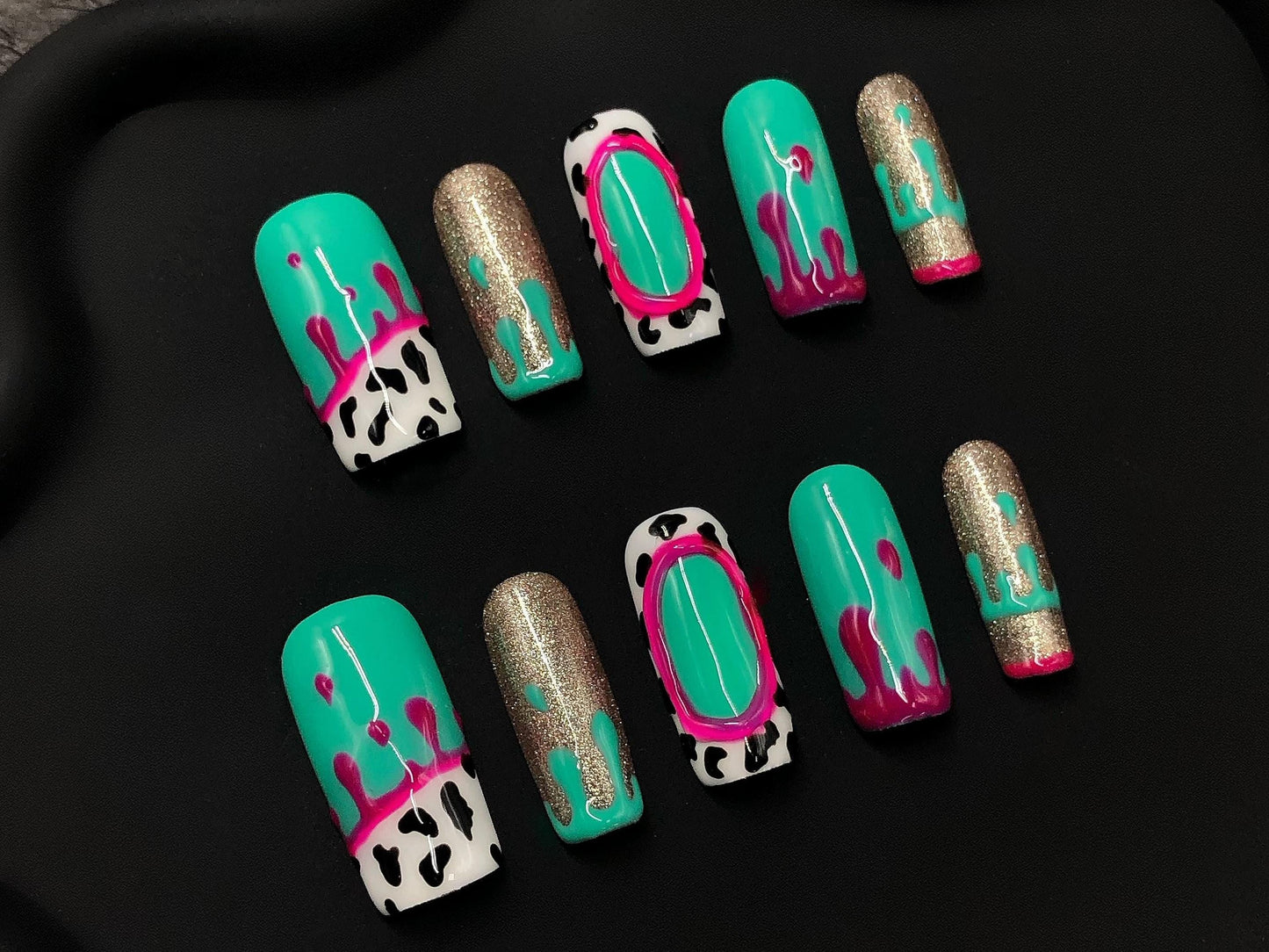 Neon Drip & Animal Print Press-On Nails Hot Pink, Aqua, and Gold Glitter Set Artificial fake glue on faux manicure nails trendy art