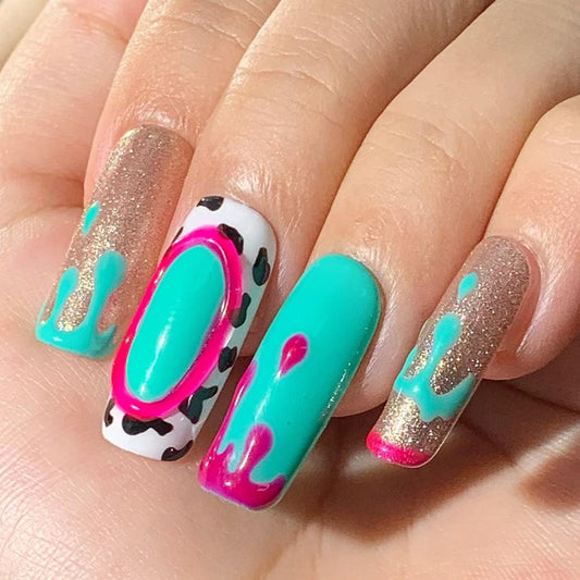 Neon Drip & Animal Print Press-On Nails  Hot Pink, Aqua, and Gold Glitter Set Artificial fake glue on faux manicure nails trendy art