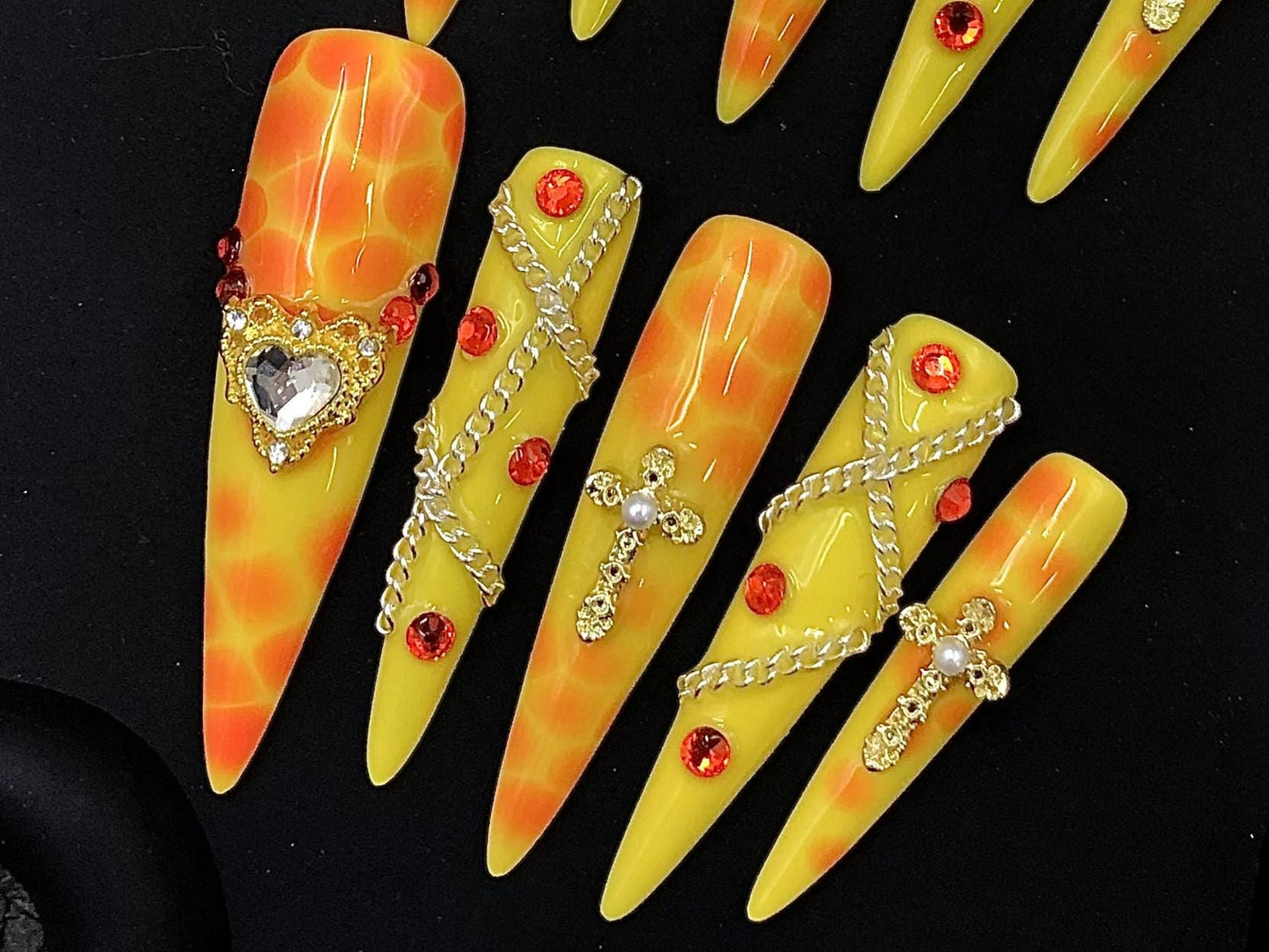 Fiery Yellow Flame Press-On Nails – Extra Long Stiletto with Rhinestones & Chains Artificial reusable fake glue on faux manicure nail art
