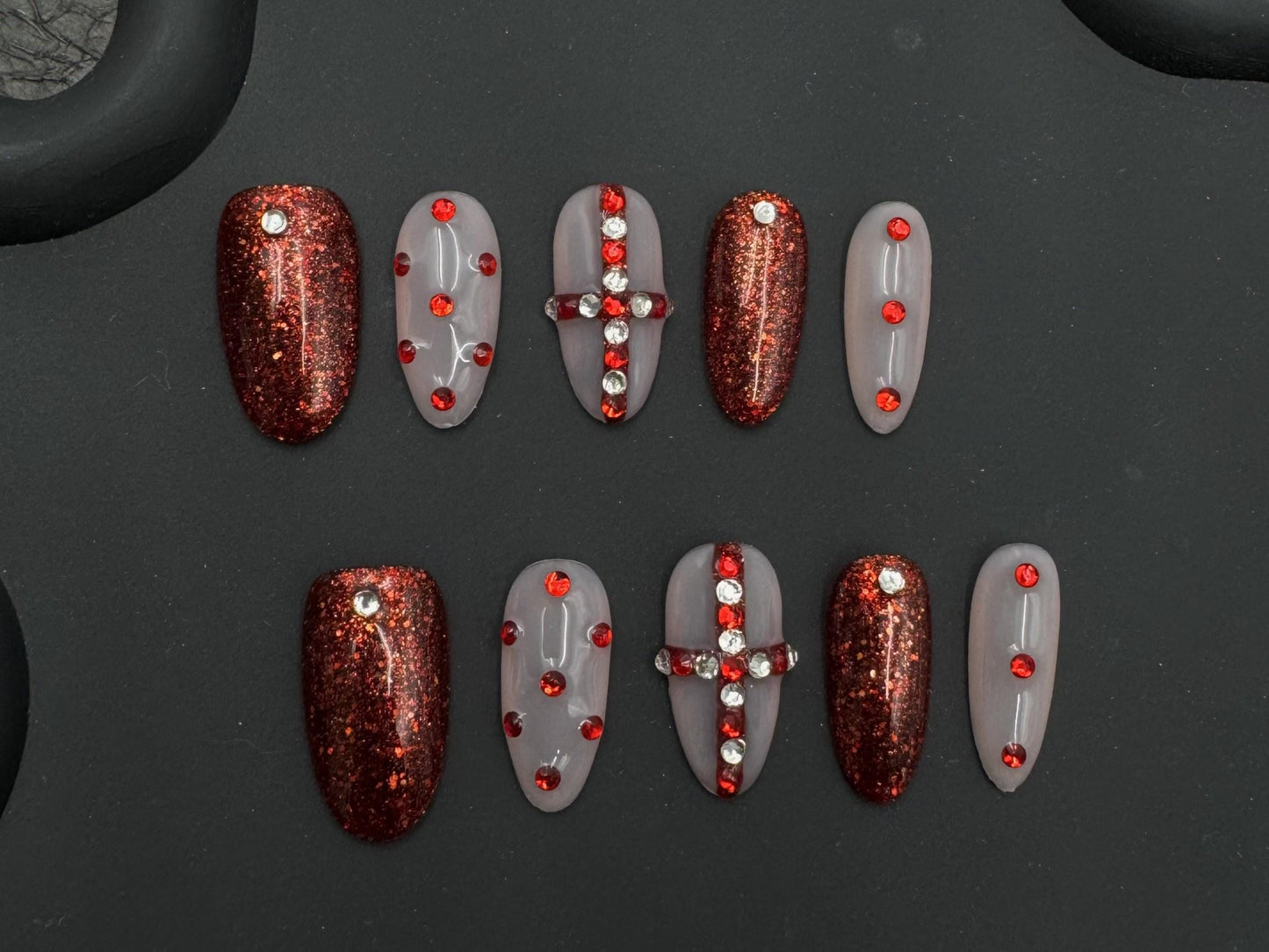 Glam Red Rhinestone Cross Press-On Nails – Glitter & Crystal Accent Set Artificial reusable fake glue on faux manicure nails trendy art