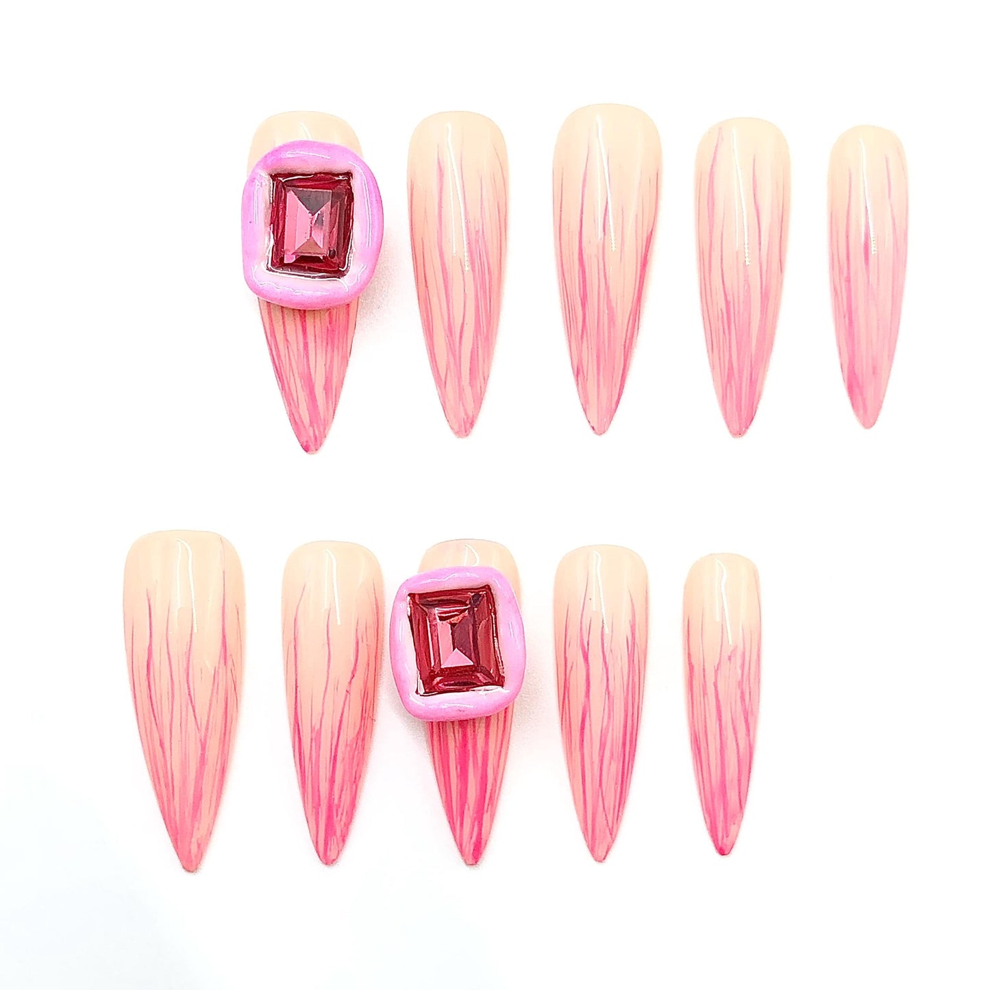 Art Deco Pink Flamed Rhinestone Stiletto Hand Painted Press on Nails. Artificial reusable fake glue on faux manicure nails trendy art.