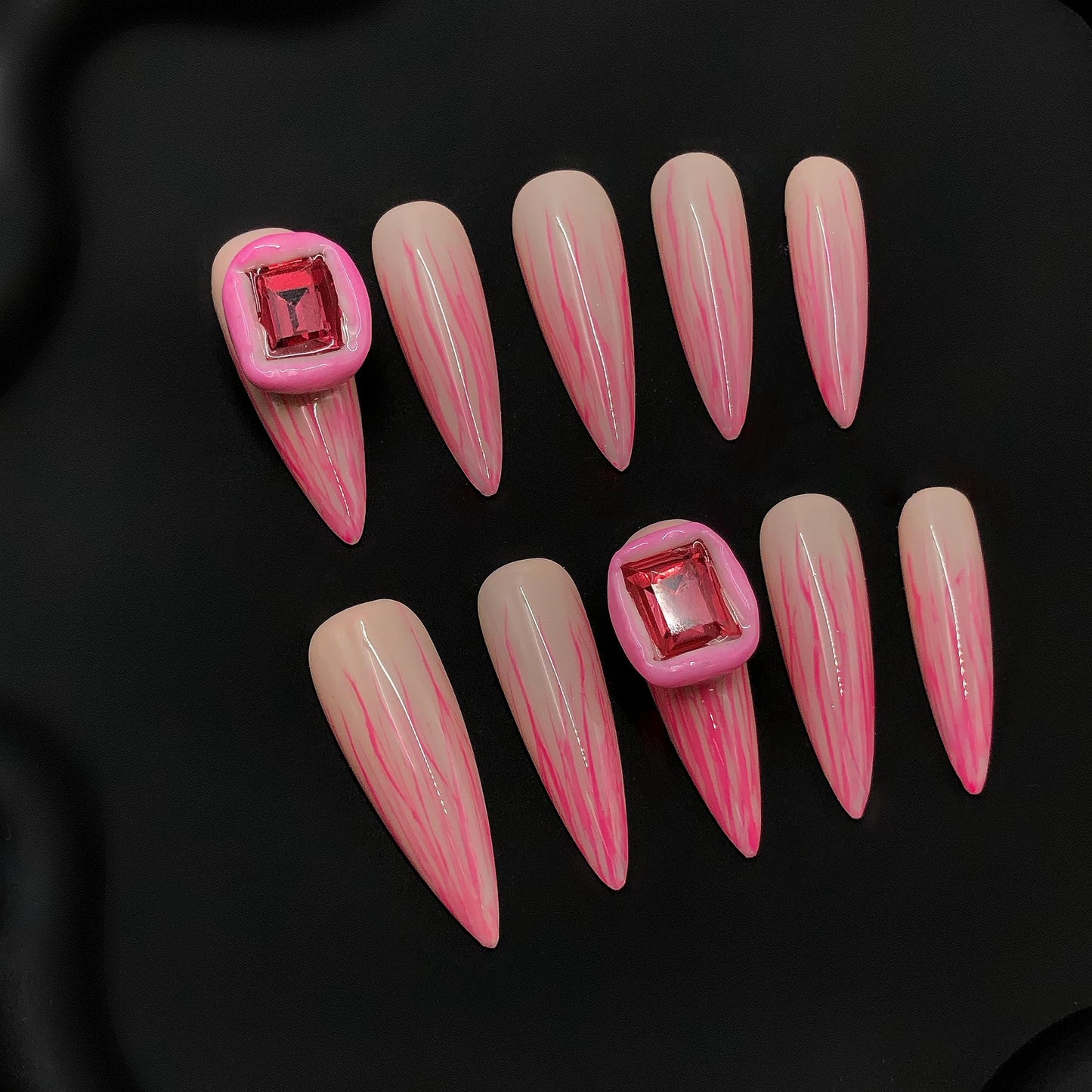 Art Deco Pink Flamed Rhinestone Stiletto Hand Painted Press on Nails. Artificial reusable fake glue on faux manicure nails trendy art.