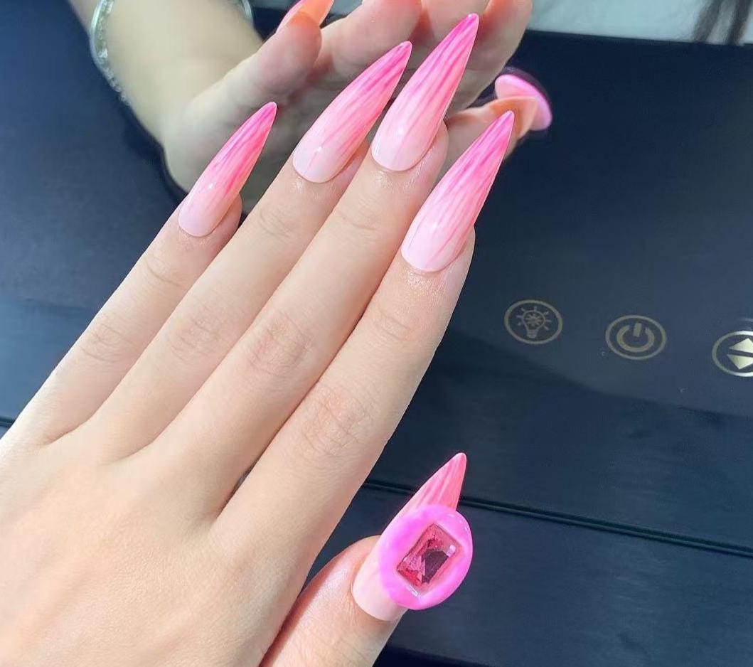 Art Deco Pink Flamed Rhinestone Stiletto Hand Painted Press on Nails. Artificial reusable fake glue on faux manicure nails trendy art.