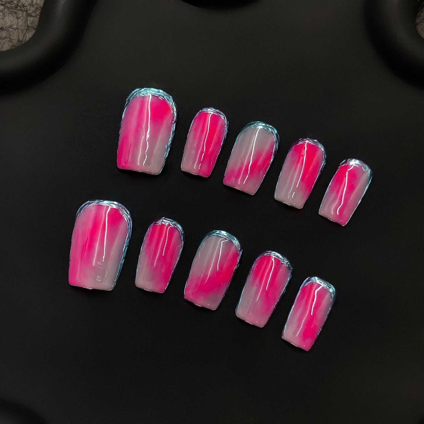 Pink Ombre Silver Outline Short Square Stylish Girly Hand Painted Press on Nails