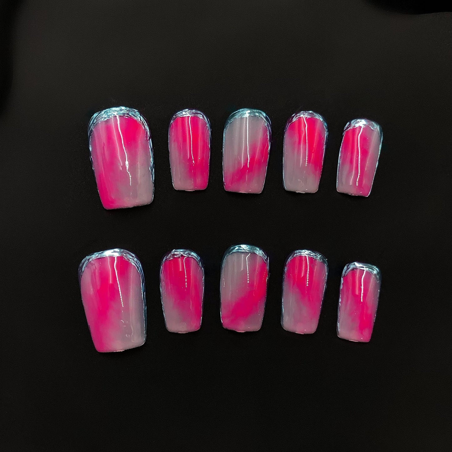Pink Ombre Silver Outline Short Square Stylish Girly Hand Painted Press on Nails