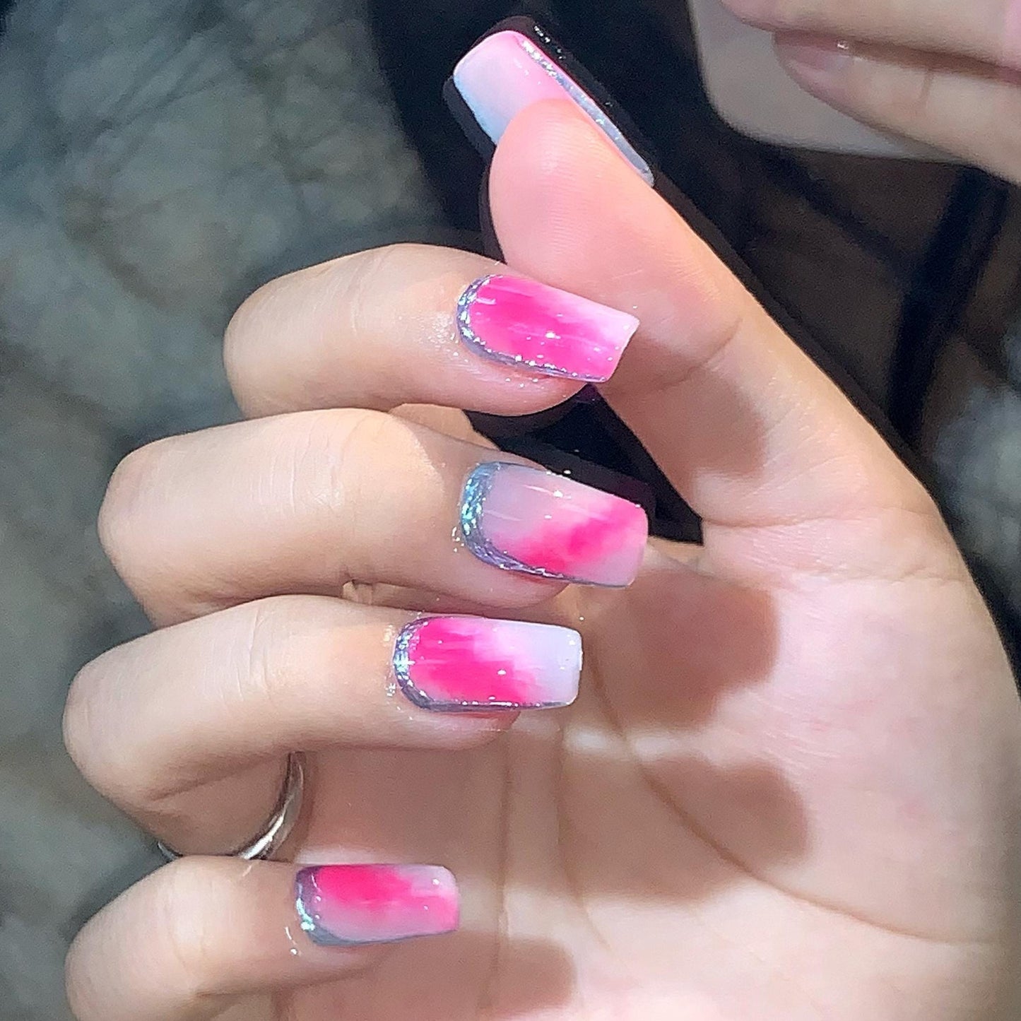 Pink Ombre Silver Outline Short Square Stylish Girly Hand Painted Press on Nails