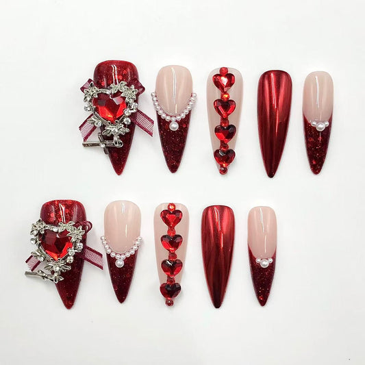 Romantic Red Heart Press On Nails – Pearl, Glitter & Chrome Valentine Set Artificial reusable fake glue on faux manicure nails trendy art