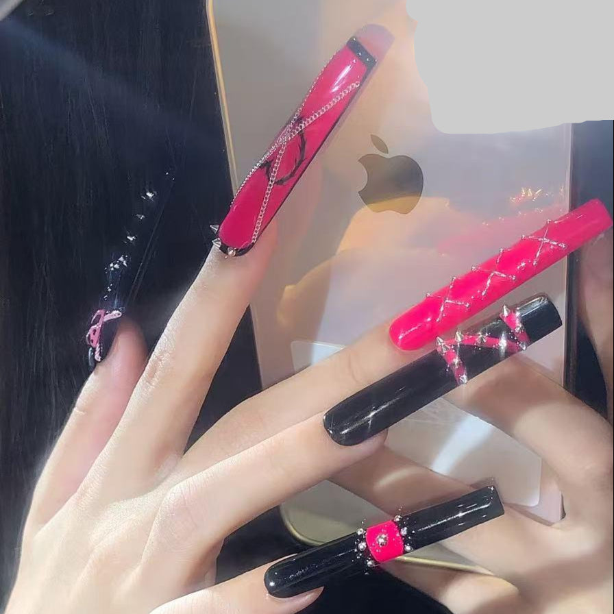 Hot Pink & Black Gothic Baddie Press On Nails – Eye Charm  Chain Corset Set Artificial reusable fake glue on faux manicure nails trendy art