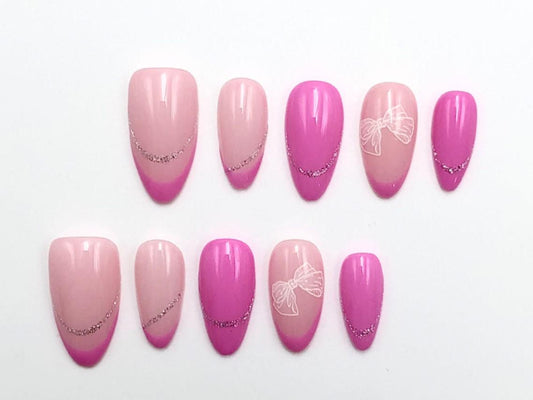 Pink French Tip Press-On Nails with Glitter and Bow Art –Cute Girly Nail Set Artificial reusable fake glue on faux manicure nails trendy art