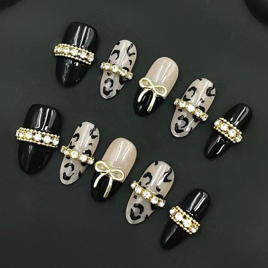 Luxury Black Leopard Print Press-On Nails Gold Bow & Rhinestone Glam Set Artificial reusable fake glue on faux manicure nails trendy art
